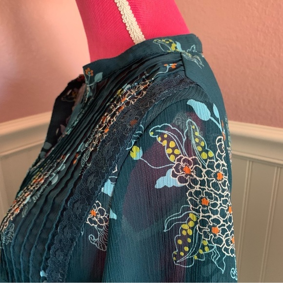 👗Blue Chiffon 3/4 Sleeve Women’s Blouse with Lace Detail - Picture 6 of 8